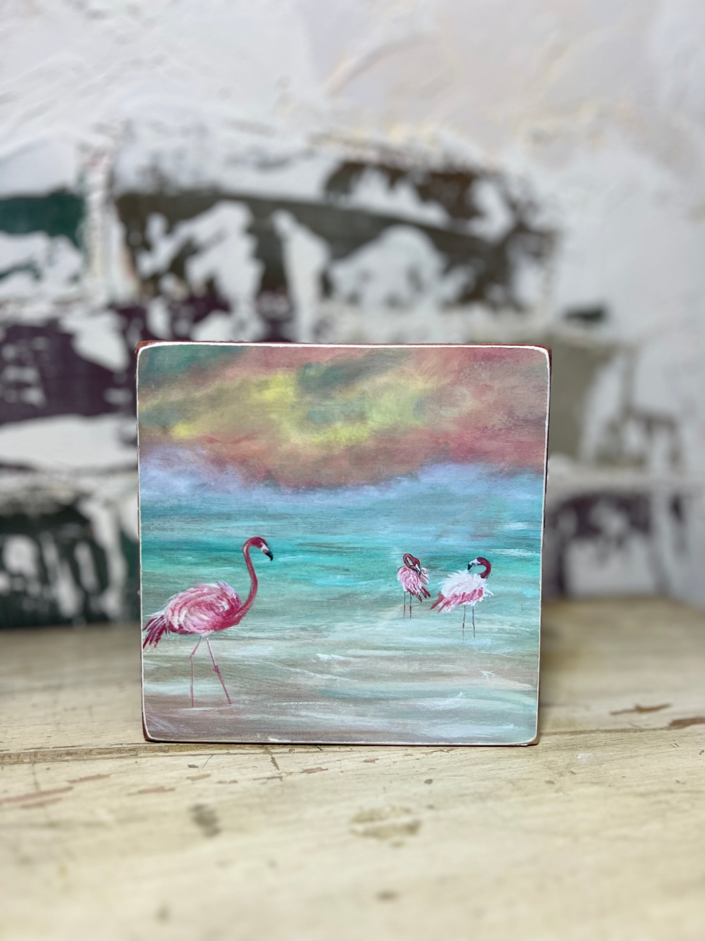 Mini Art Wood Shelf Sitter Wall Art Candy Sky Flamingos