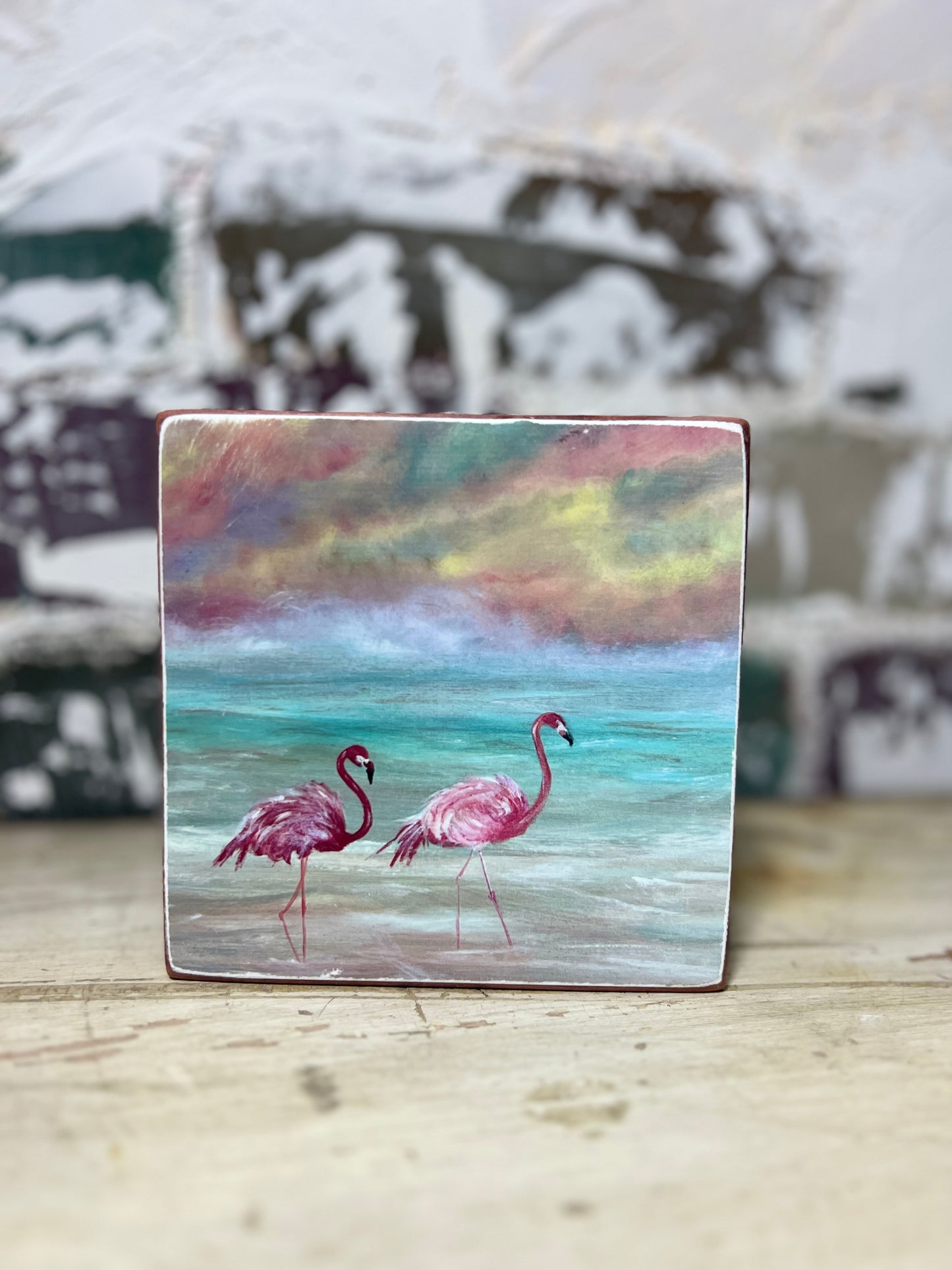 Mini Art Wood Shelf Sitter Wall Art Candy Sky Flamingos