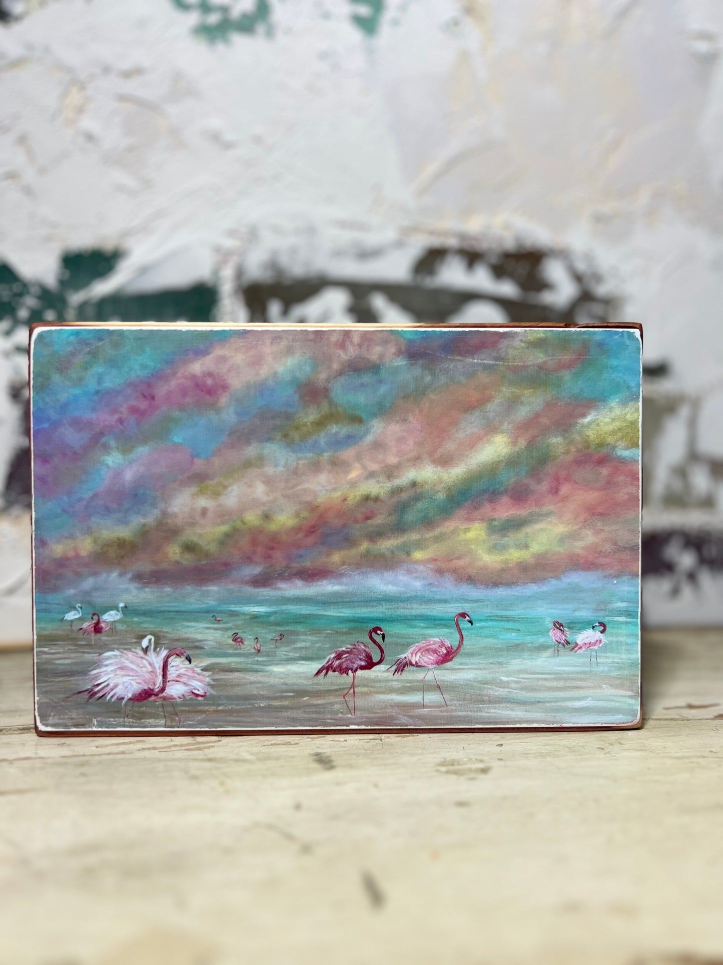 Mini Art Wood Shelf Sitter Wall Art Candy Sky Flamingos