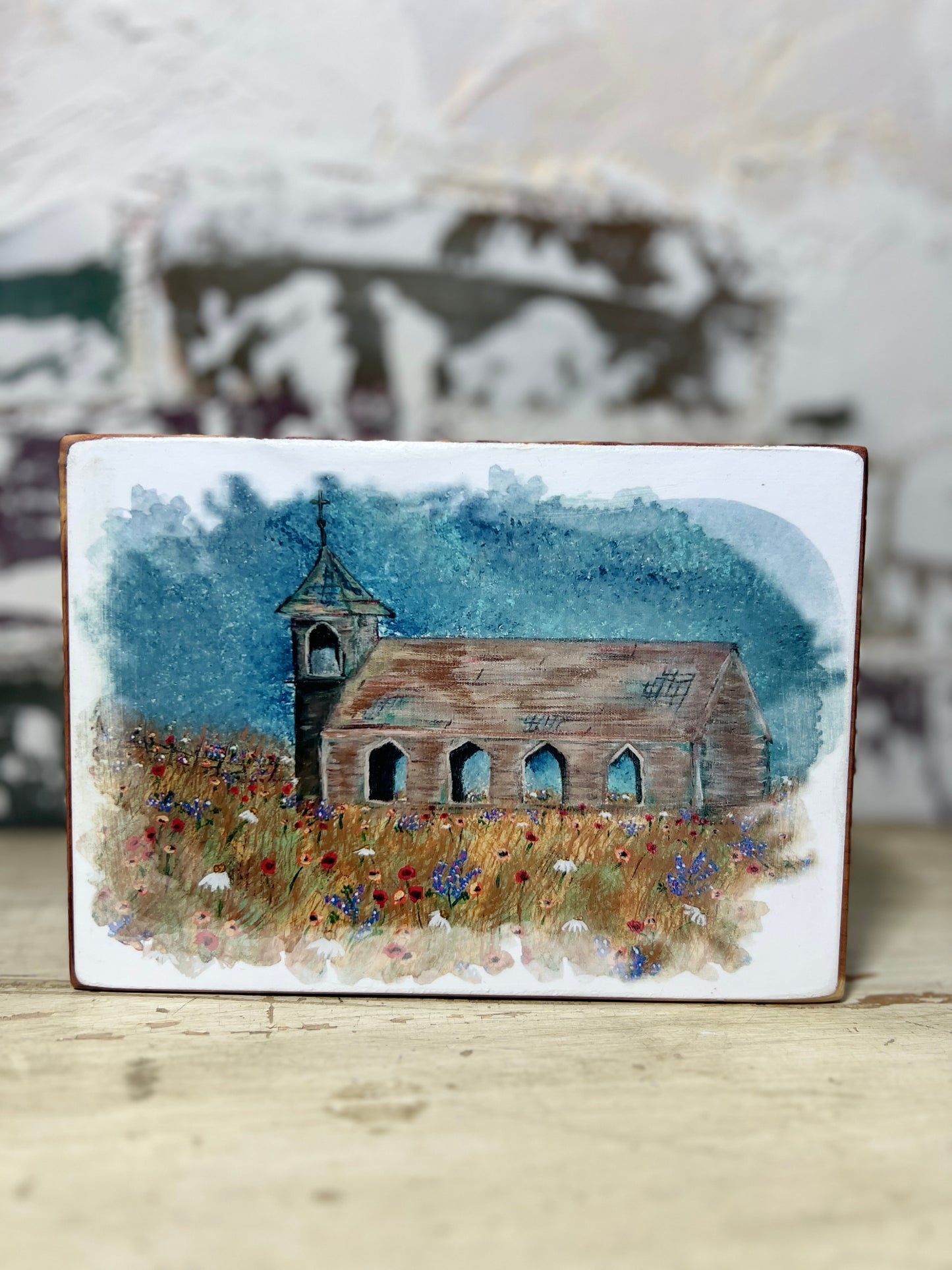 Mini Art Wood Shelf Sitter Wall Art Church in the Prairie