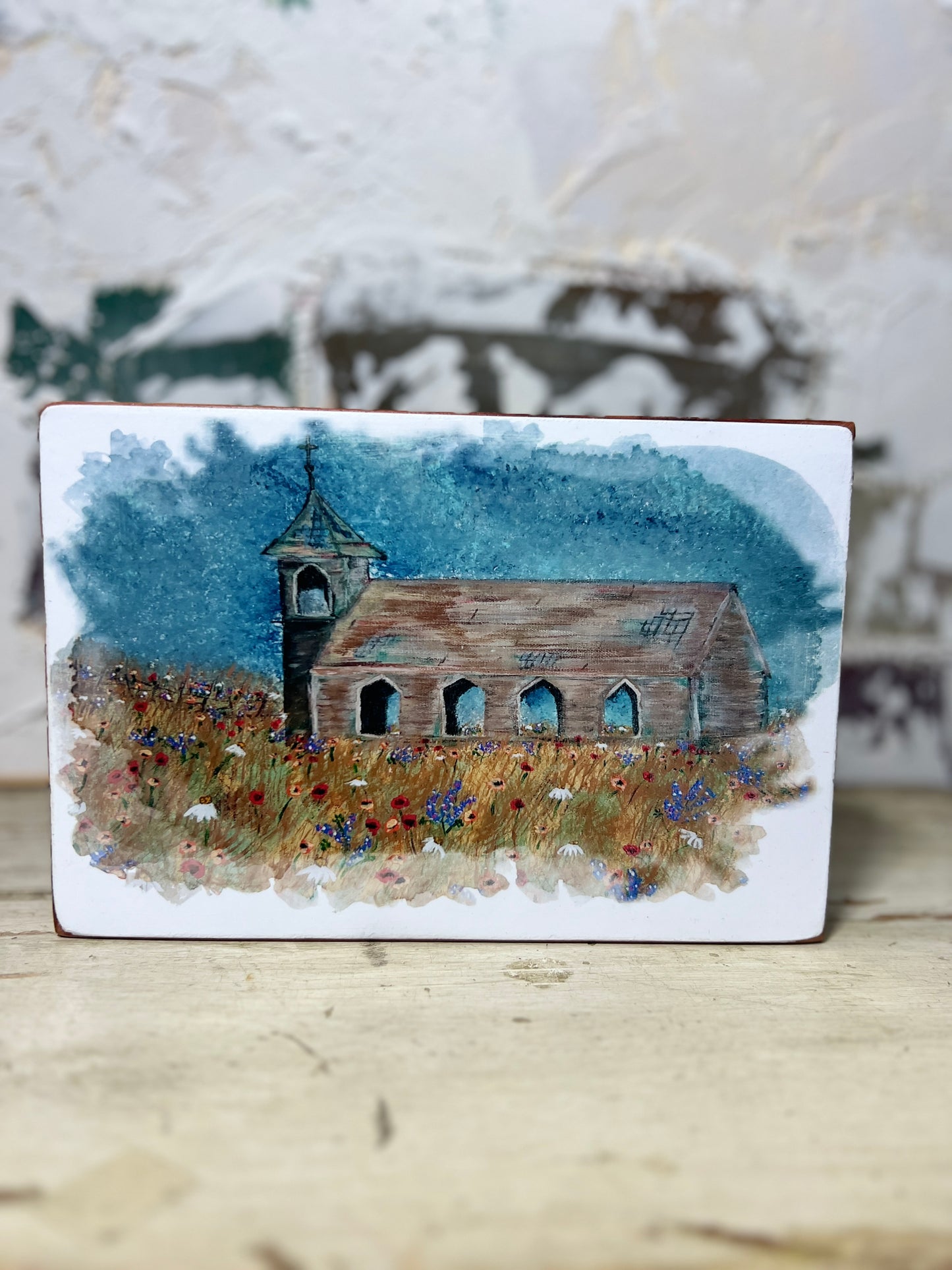 Mini Art Wood Shelf Sitter Wall Art Church in the Prairie