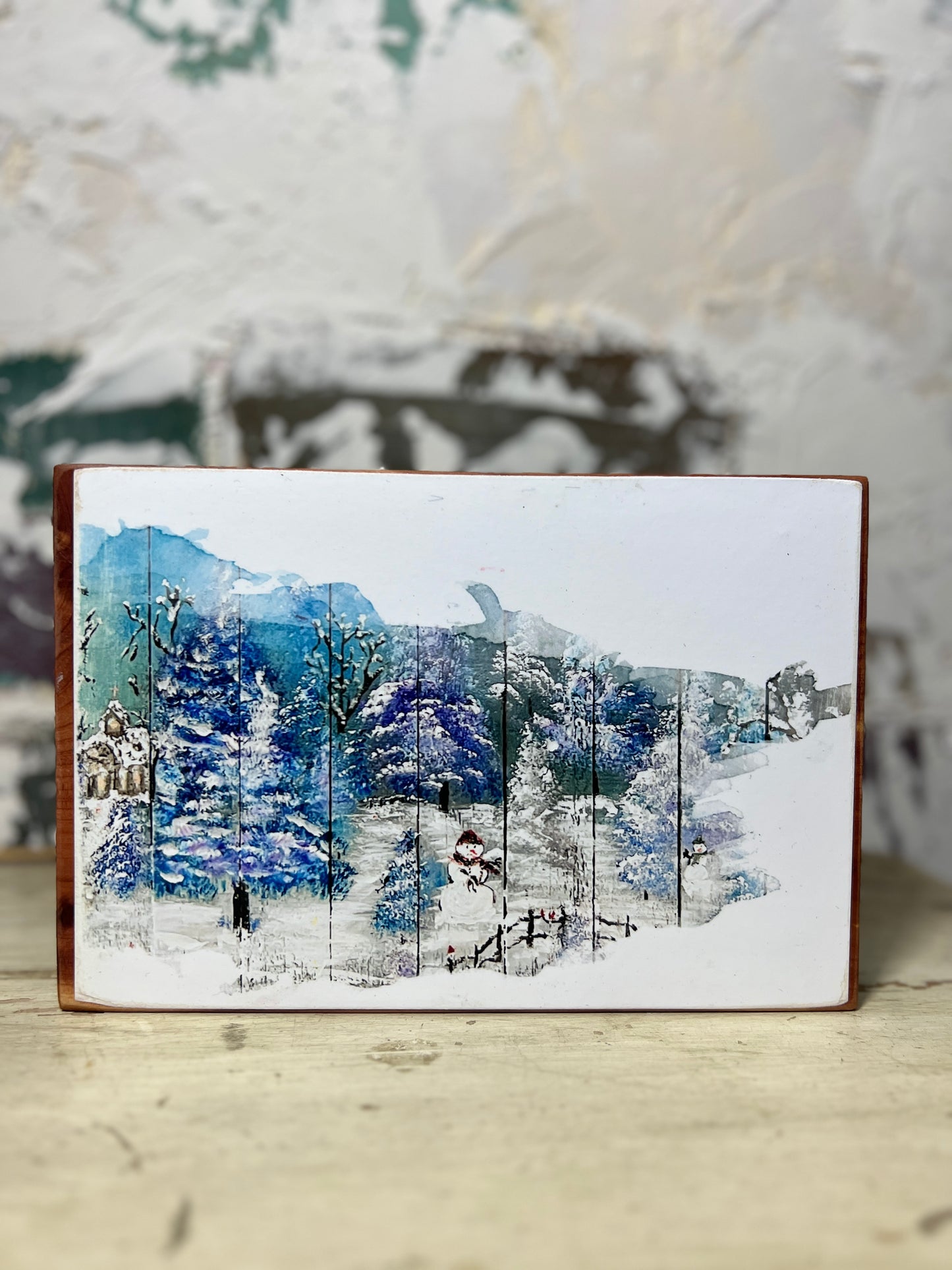 Mini Art Wood Shelf Sitter Wall Art Snowman Gathering