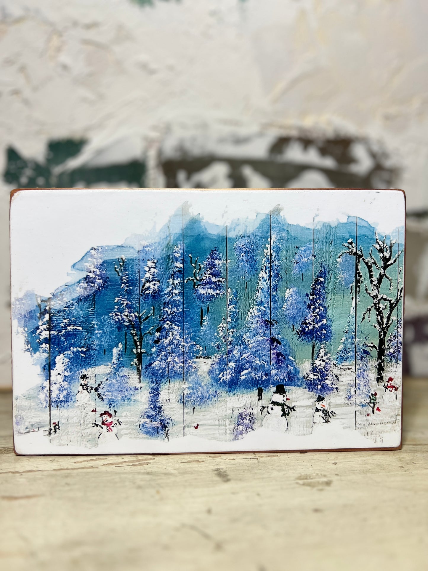 Mini Art Wood Shelf Sitter Wall Art Snowman Gathering