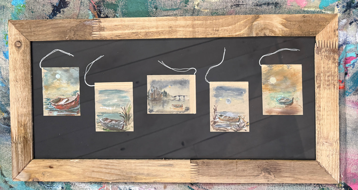 Framed Tea Bag Art Set – “The Journey” | Original Boat Series on Upcycled Tea Bags
