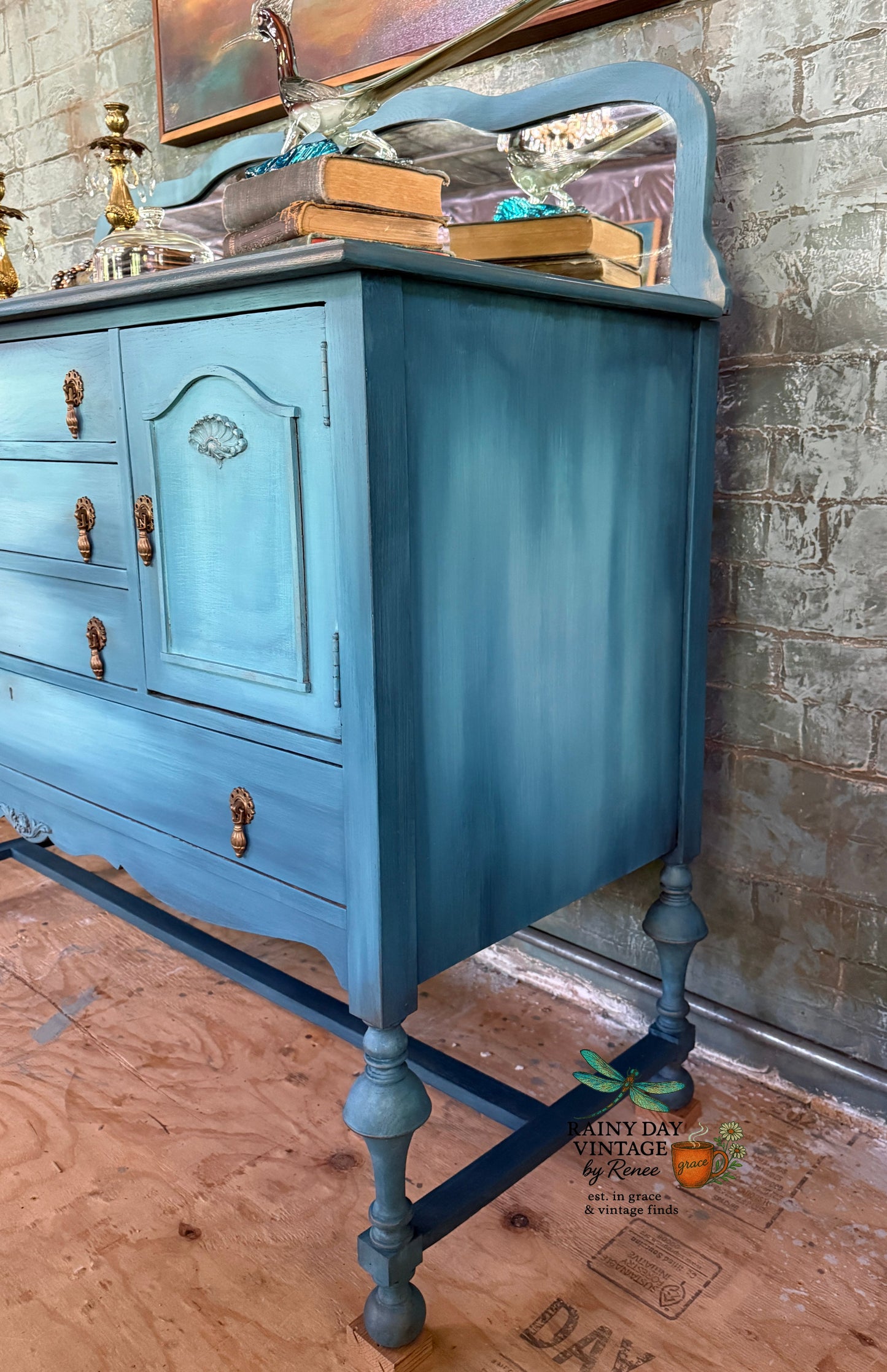 Ethereal Blue Hand-Painted Vintage Buffet