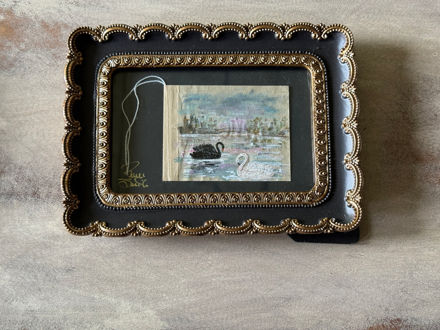 Framed Swan Tea Bag Art (6) Original Miniature Mixed Media Artwork