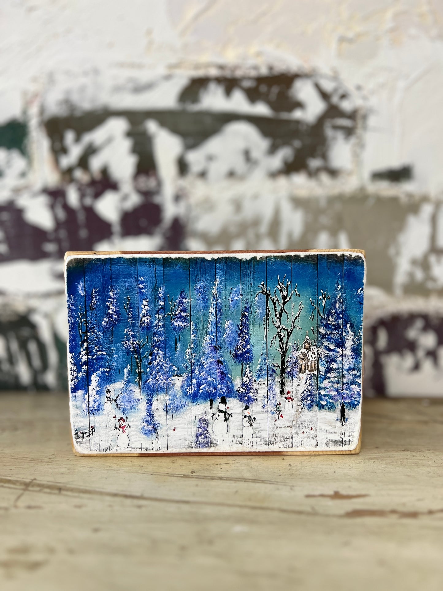 Mini Art Wood Shelf Sitter Wall Art Snowman Gathering