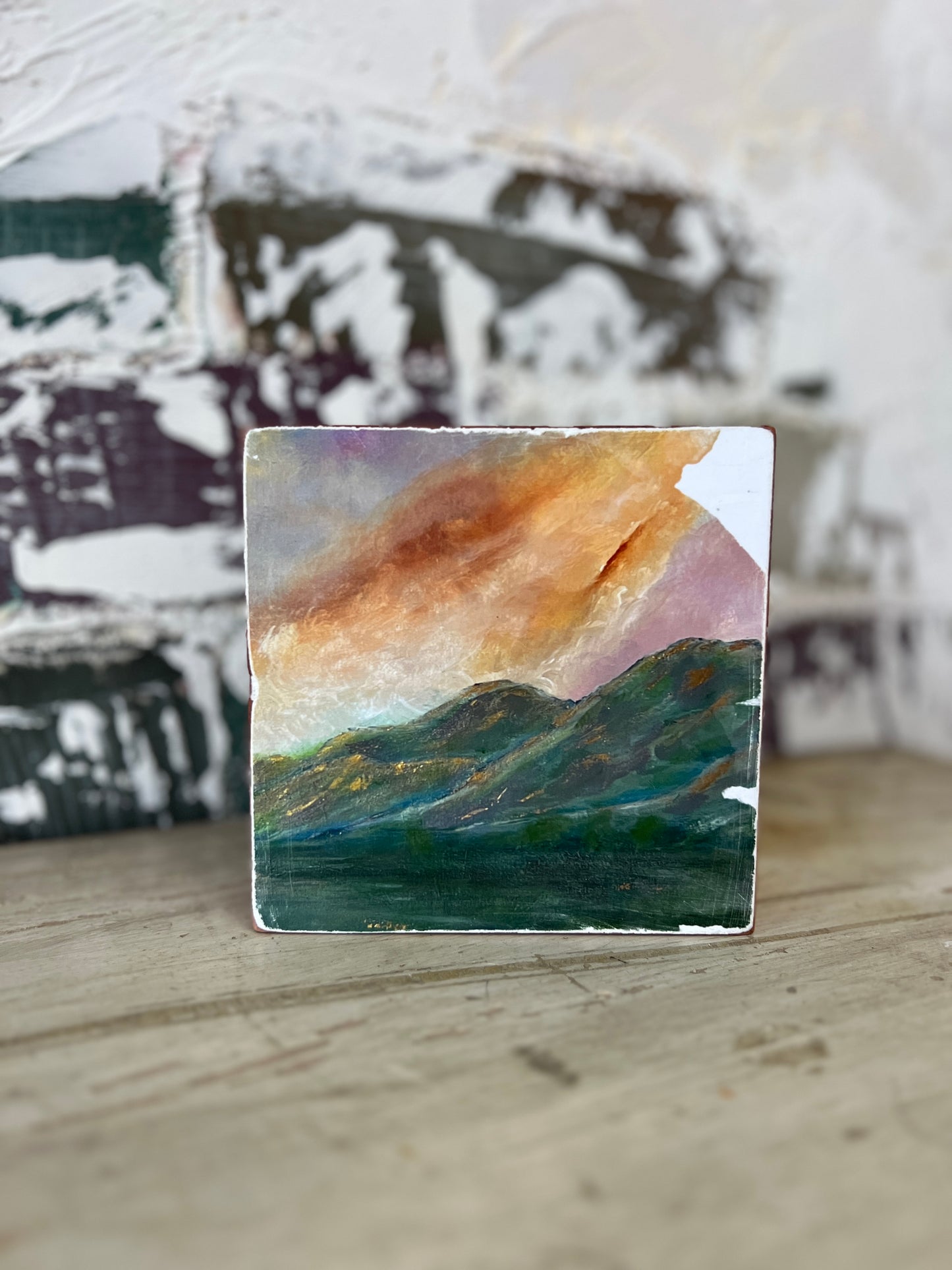 Mini Art Wood Shelf Sitter Wall Art Turquoise Sunset
