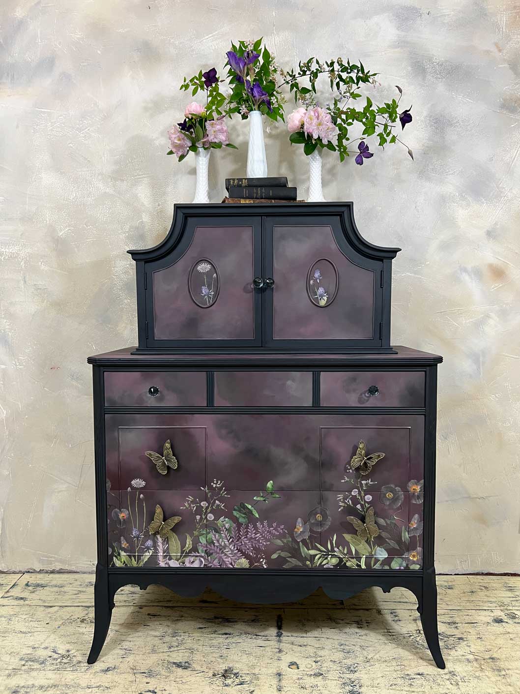 antique dresser painted black Black Vintage Dresser: Solid Wood Antique Sideboard With Gold Accents