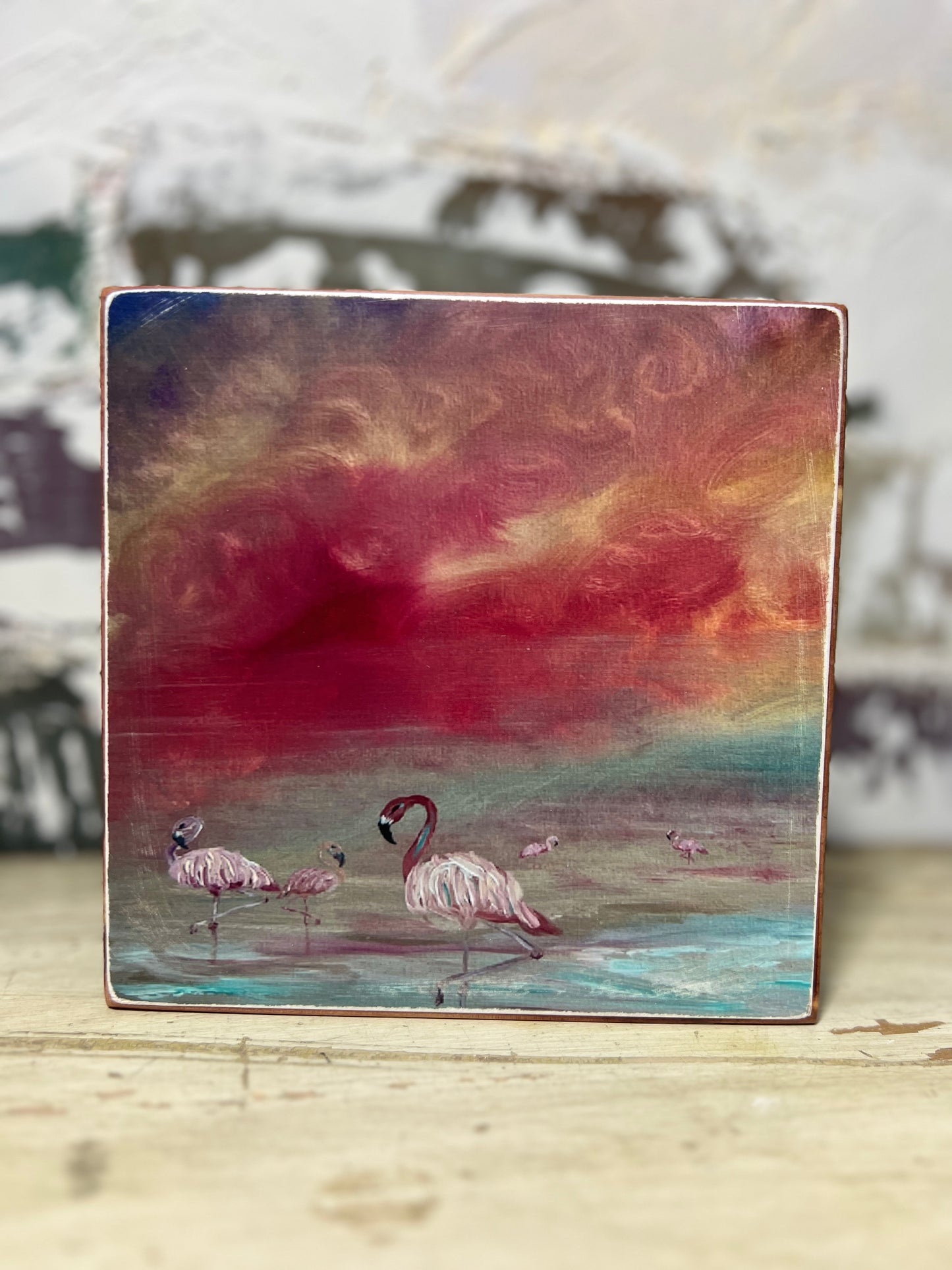 Mini Art Wood Shelf Sitter Wall Art Flamingos