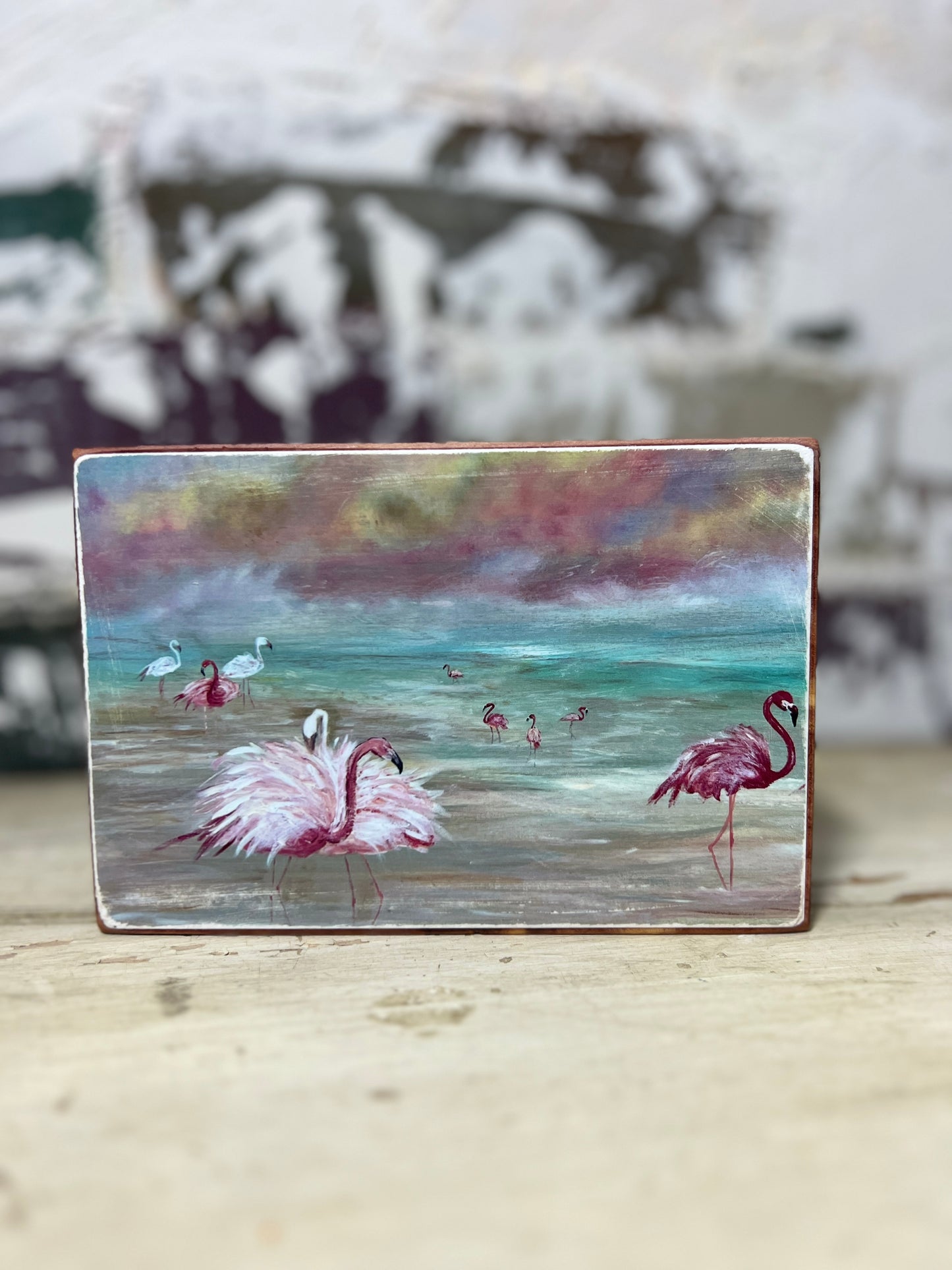 Mini Art Wood Shelf Sitter Wall Art Candy Sky Flamingos