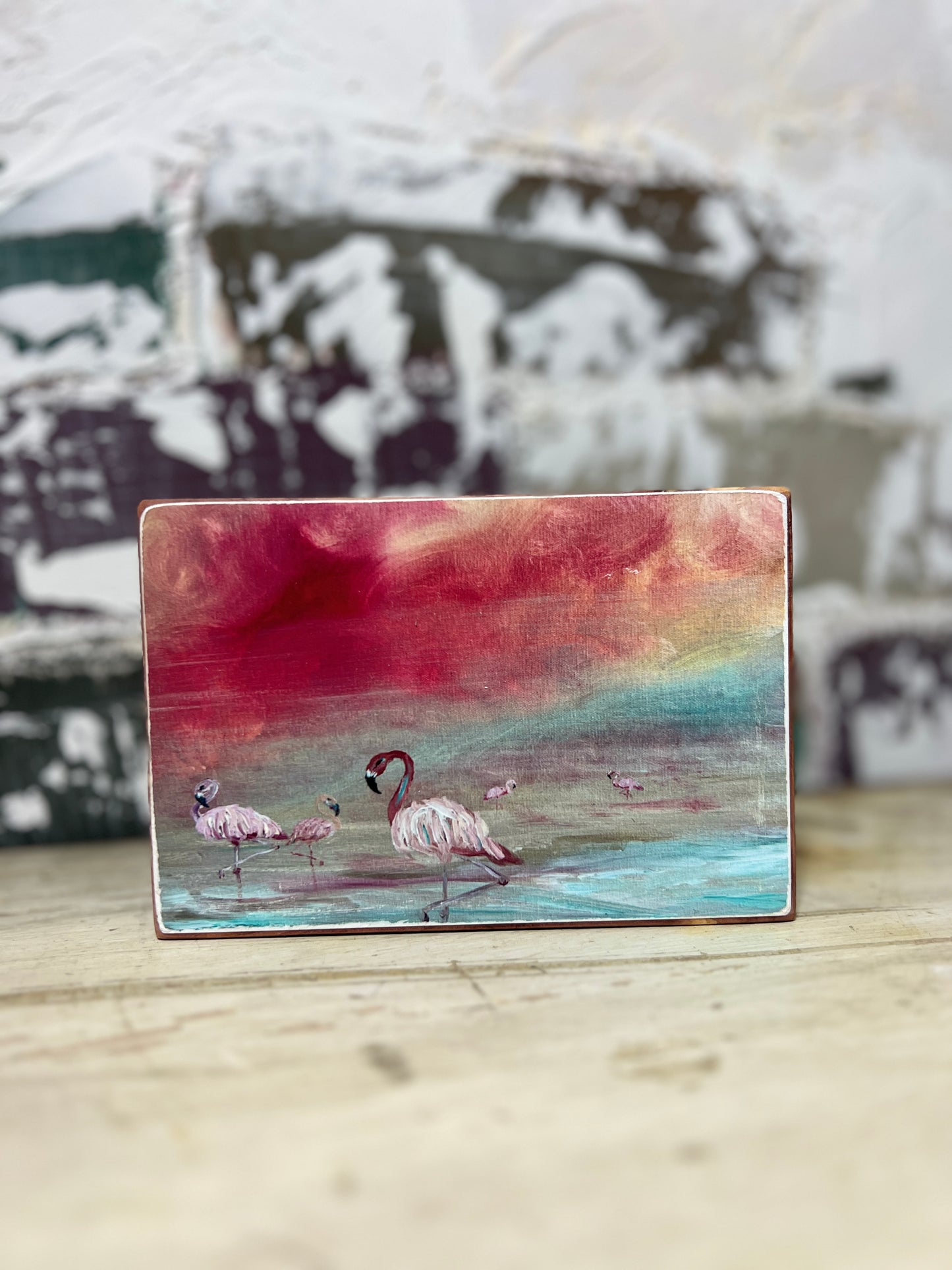 Mini Art Wood Shelf Sitter Wall Art Flamingos