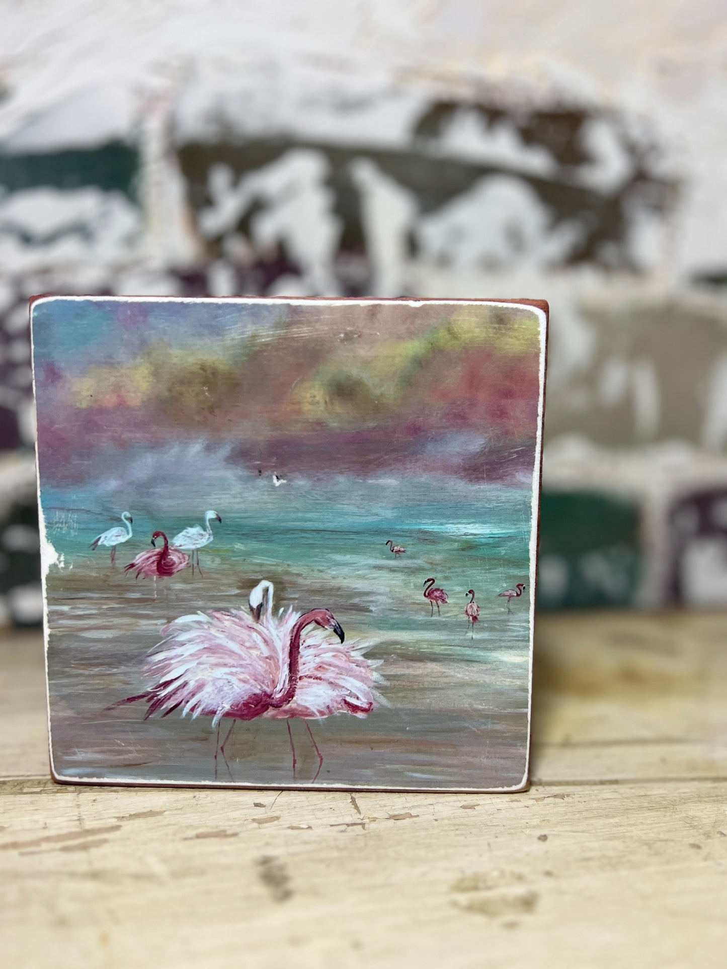 Mini Art Wood Shelf Sitter Wall Art Candy Sky Flamingos