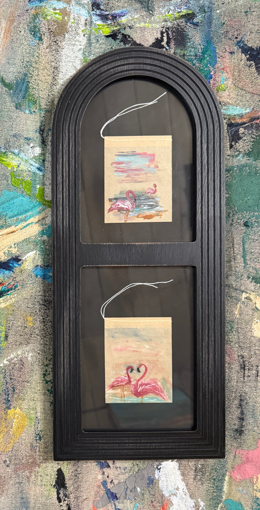 Framed Tea Bag Art – “Flamingo Waltz” | Double Flamingo Tea Bag Painting in Arched Frame