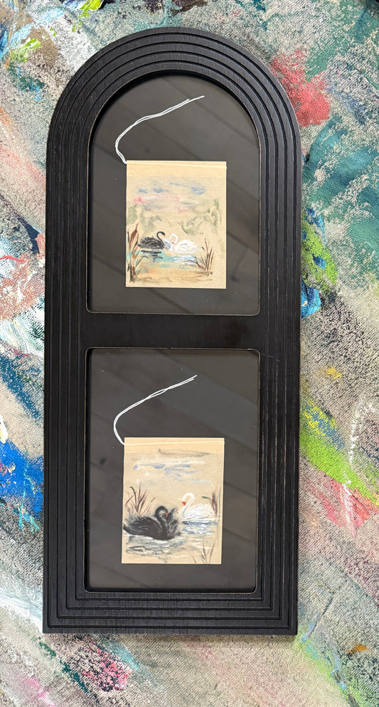 Framed Tea Bag Art – “Together” | Dual Swan Pair Paintings on Upcycled Tea Bags