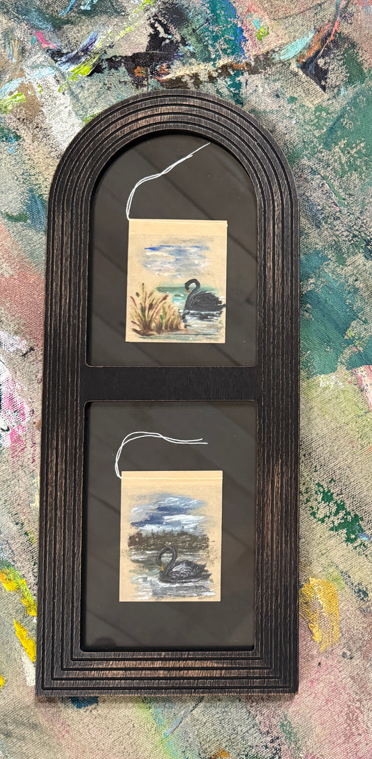 Framed Tea Bag Art – “In the Quiet” | Double Black Swan Painting on Upcycled Tea Bags