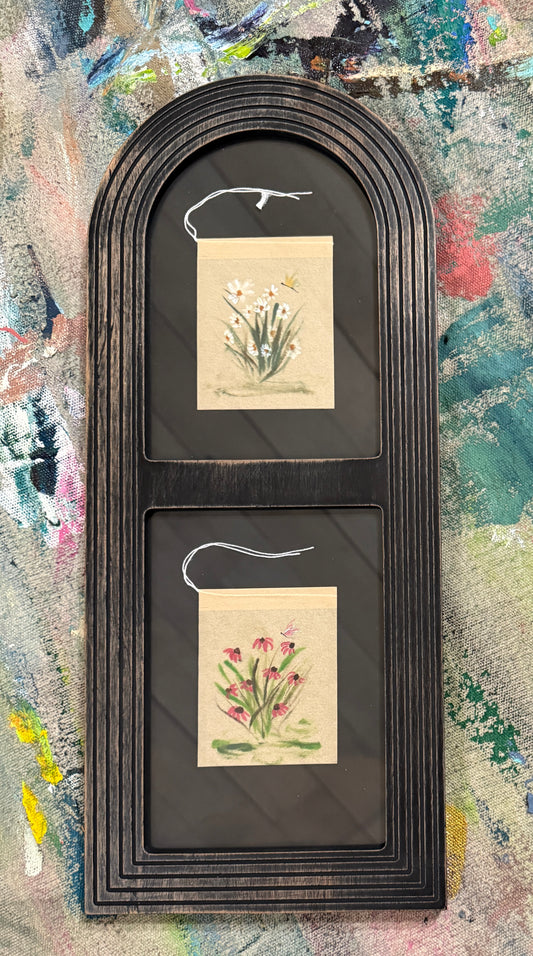 Framed Tea Bag Art – “Rooted in Bloom” | Double Floral Tea Bag Painting in Arched Frame