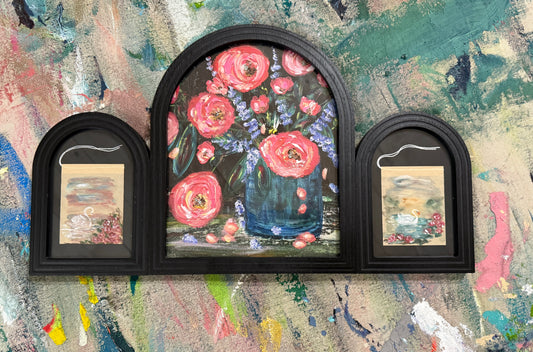 Framed Art Triptych – “Stillness and Bloom” | Tea Bag Swan Paintings with Original Floral Art Print
