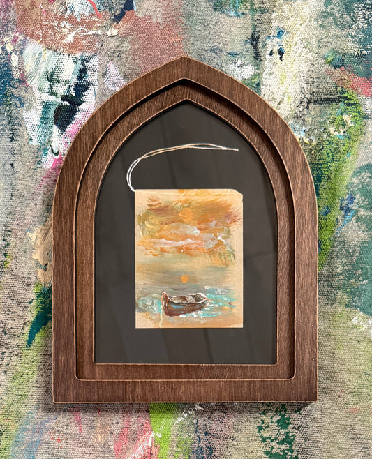 Framed Tea Bag Art – “Held by the Light” | Boat at Sunset Painting on Upcycled Tea Bag