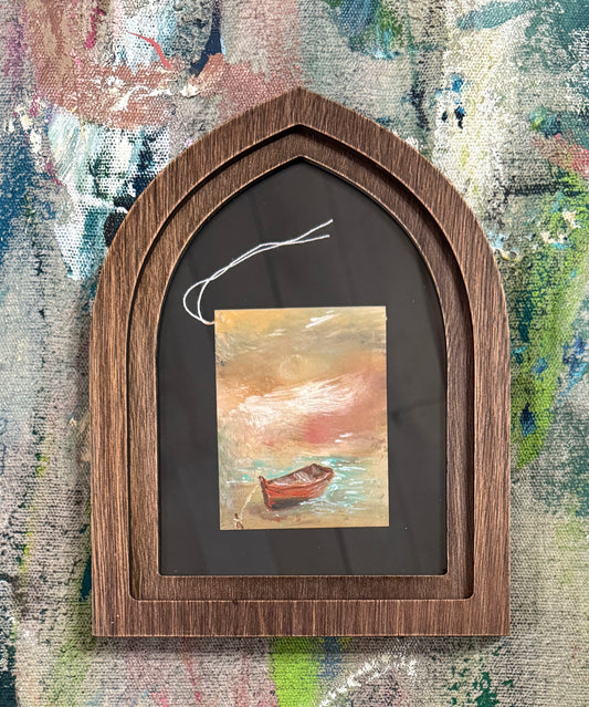 Framed Tea Bag Art – “Anchored Light” | Boat Painting on Upcycled Tea Bag in Gothic-Style Frame