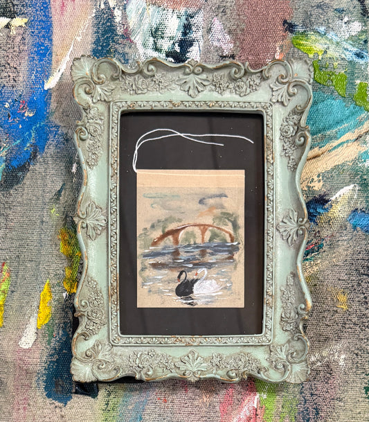 Framed Tea Bag Art – “Bridge of Belonging” | Swan Miniature Painting by Renee Smith