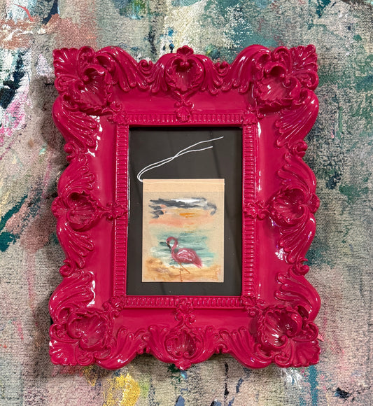 Framed Tea Bag Art – “The Watcher” | Original Flamingo Painting on Upcycled Tea Bag