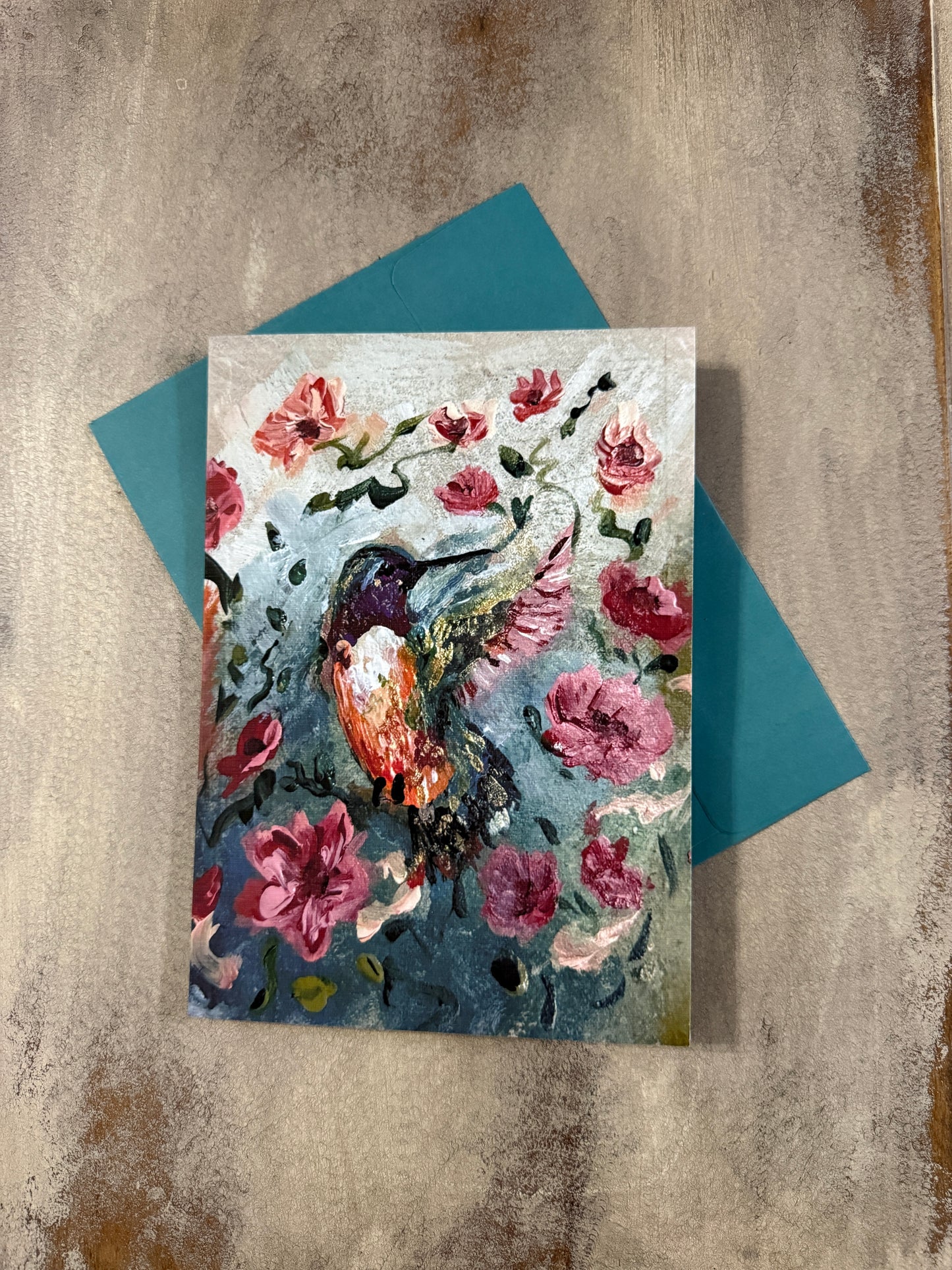 Hummingbird Study II Art Greeting Card  Rainy Day Vintage by Renee