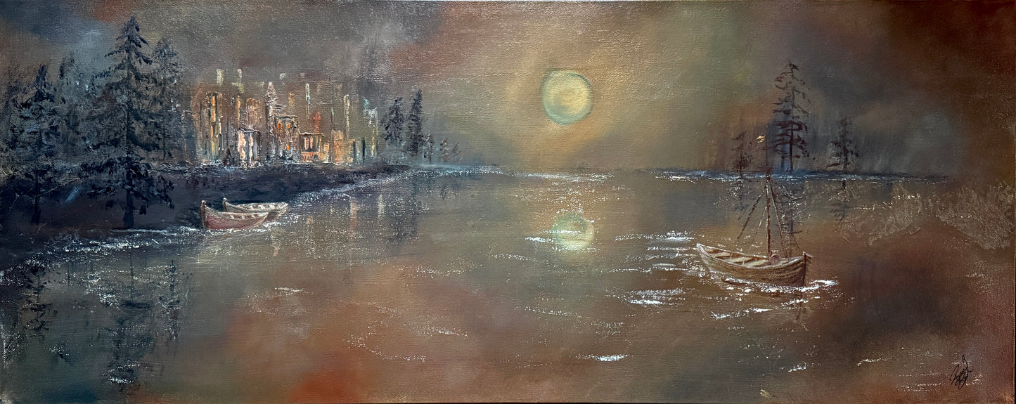 Hope of the Prodigal – Original 16x40 Moody Boat Painting by Renee Smith