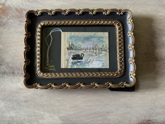 Framed Swan Tea Bag Art (6) Original Miniature Mixed Media Artwork