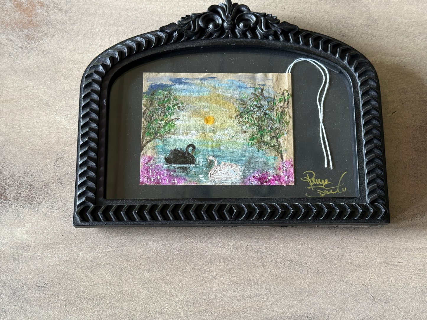 Framed Swan Tea Bag Art (3) Original Miniature Mixed Media Artwork