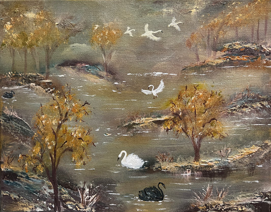 ORIGINAL CANVAS ART Acrylics Swan Lake