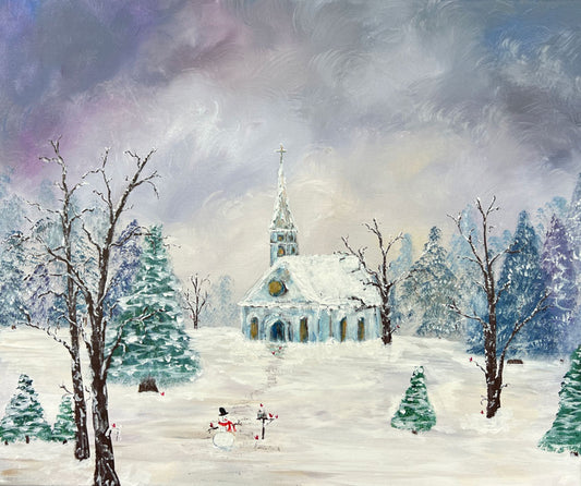 Original Canvas Art "Church in the Snow"