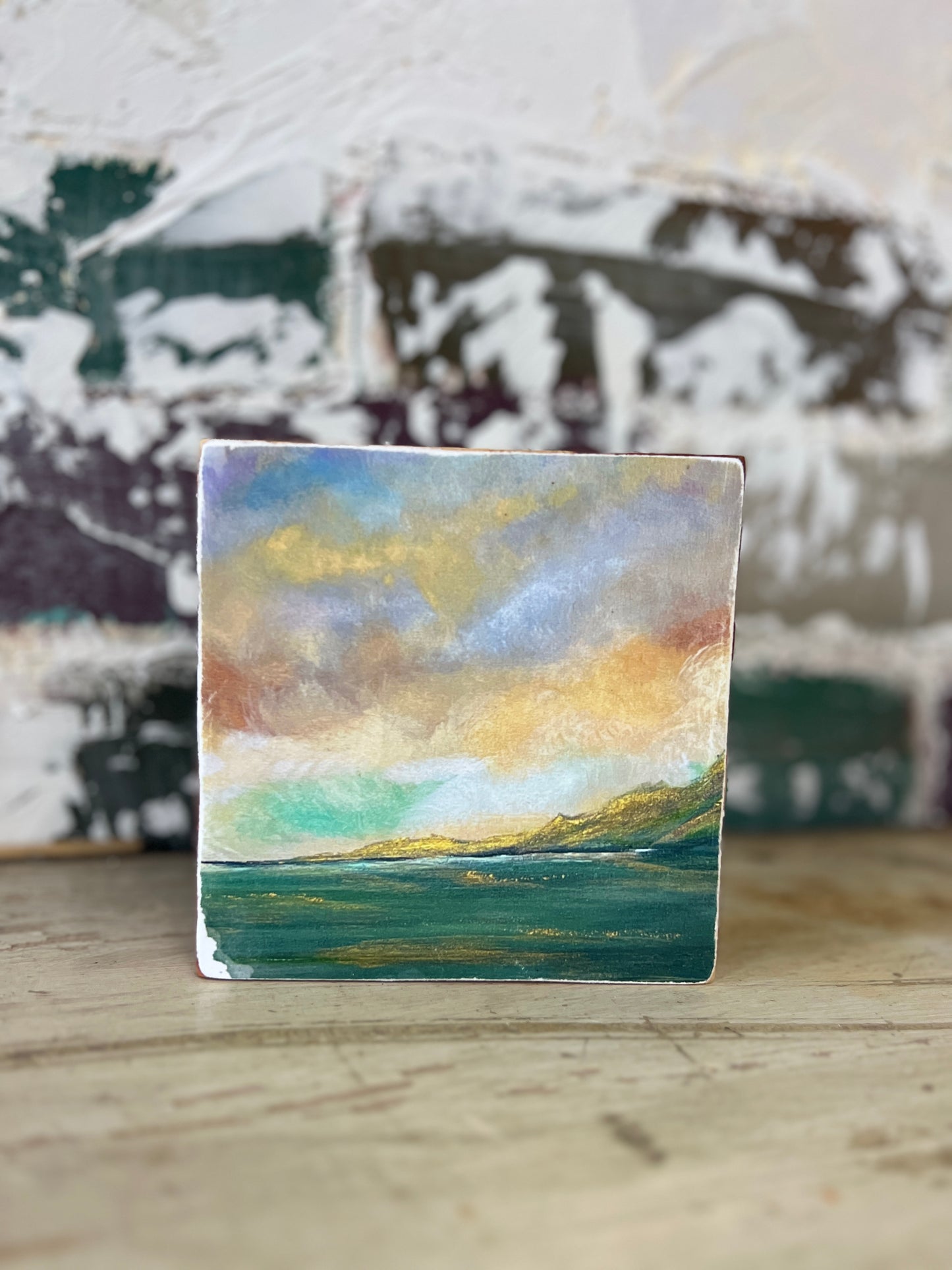 Mini Art Wood Shelf Sitter Wall Art Turquoise Sunset